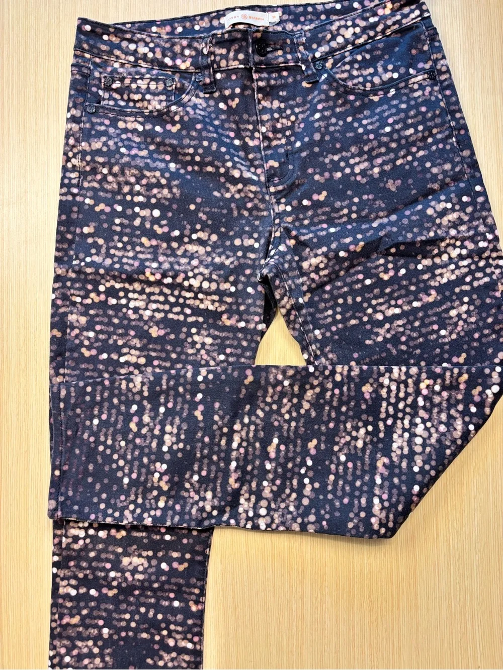 Tory Burch Night City Light Printed Skinny Jeans Black Gold Blurred Bokeh Dot 30